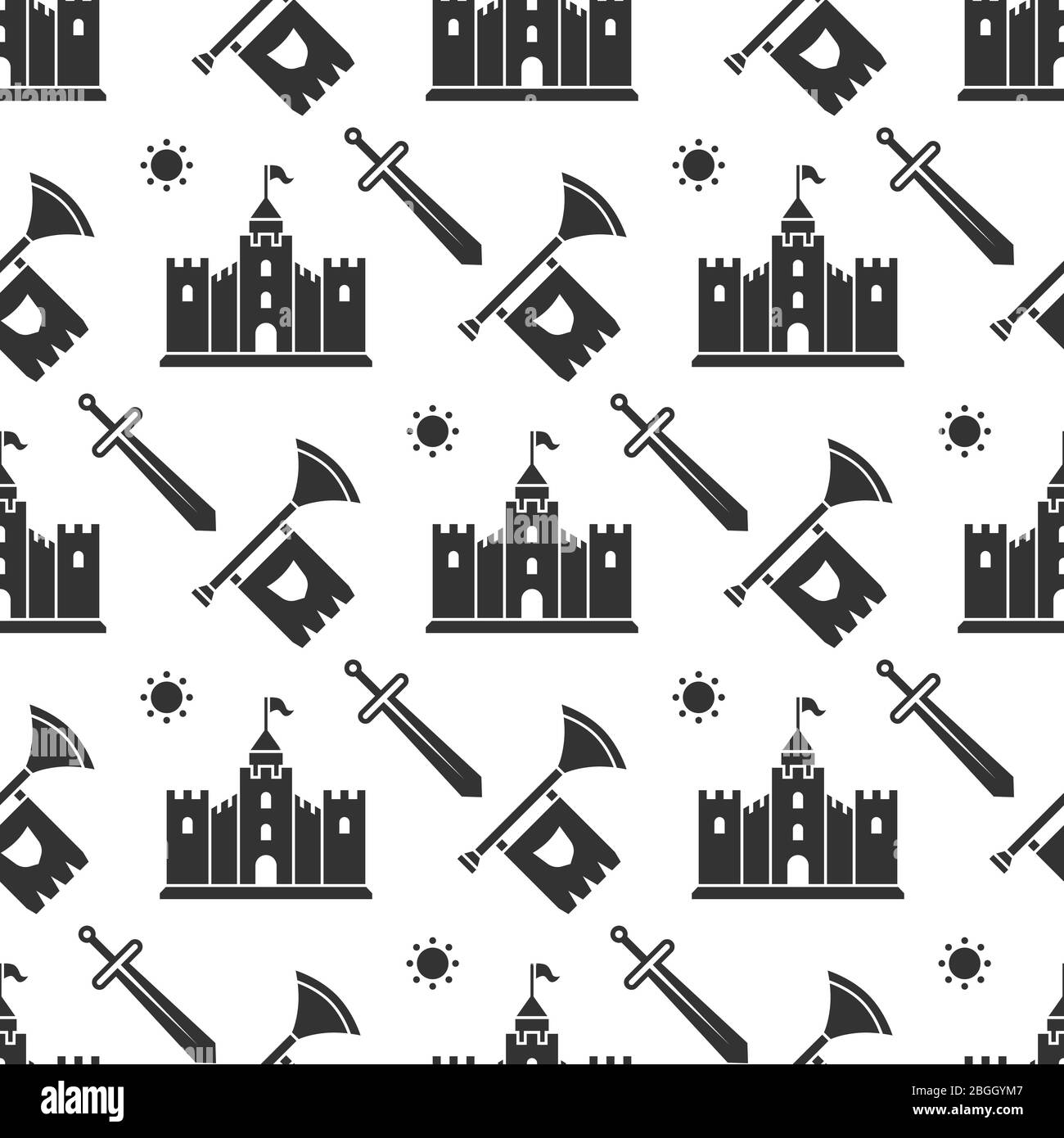 Swords, medieval castle, sword and tube seamless background pattern design. Vector illustration Stock Vector