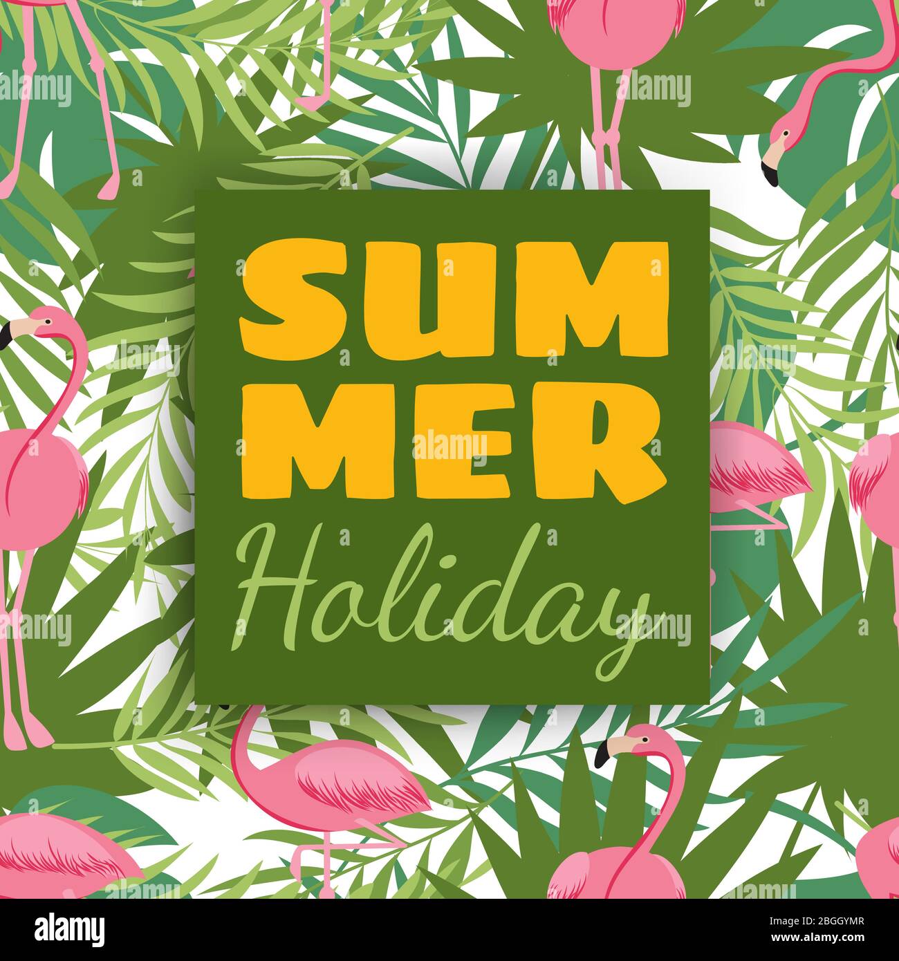 Summer holidays card design with tropical plants and flamingo. Summer holiday banner with flamingo and tropical jungle leaf. Vector illustration Stock Vector