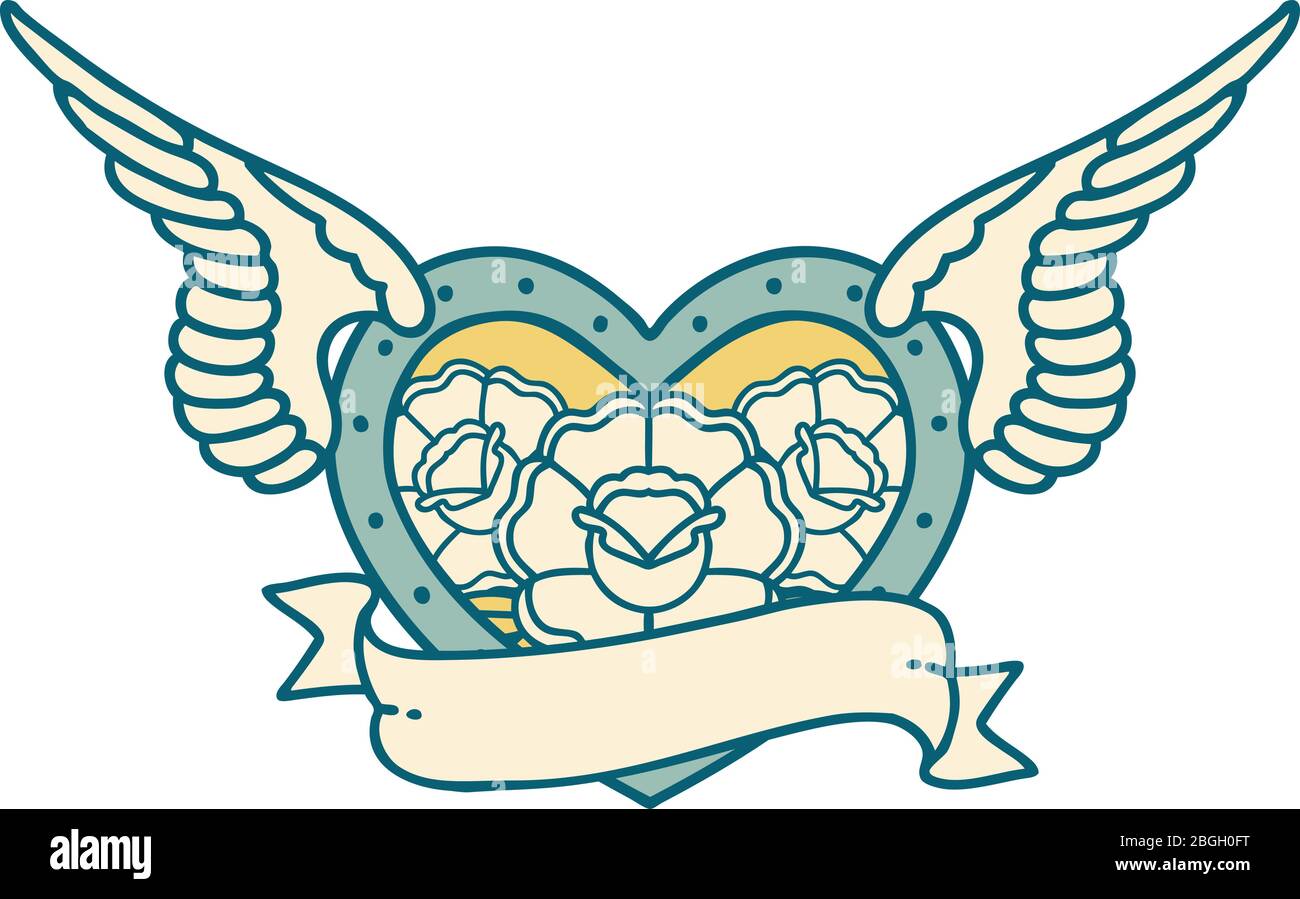 iconic tattoo style image of a flying heart with flowers and banner ...
