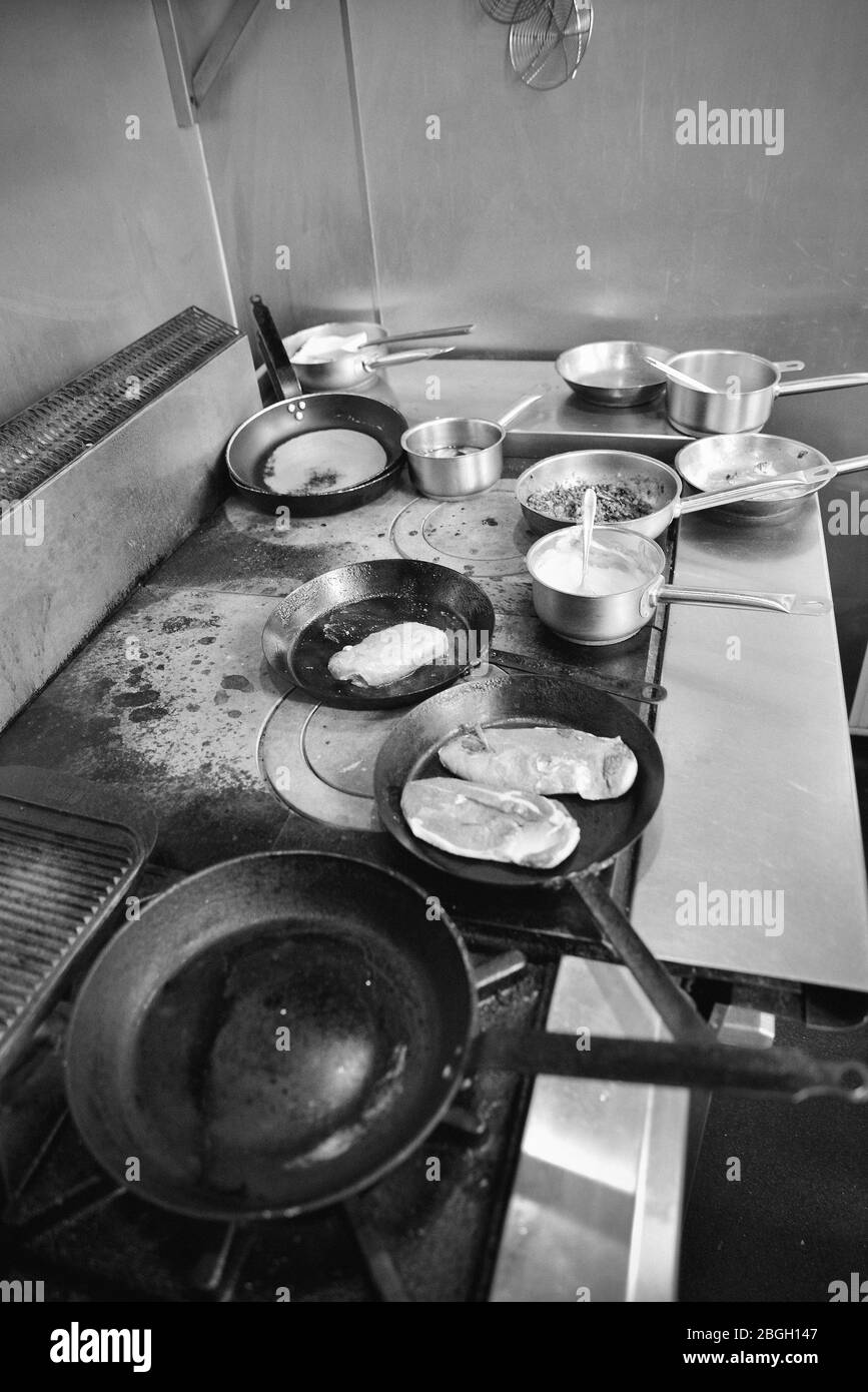 Pans of Food on Restaurant Stove Stock Photo Alamy