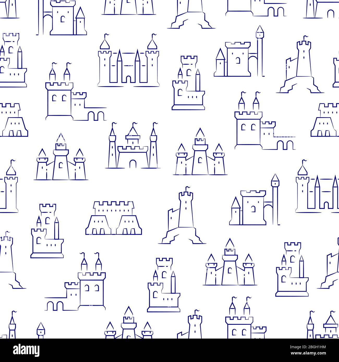 Medieval castles, fortress, bastions isolated on white seamless background pattern. Vector illustration Stock Vector