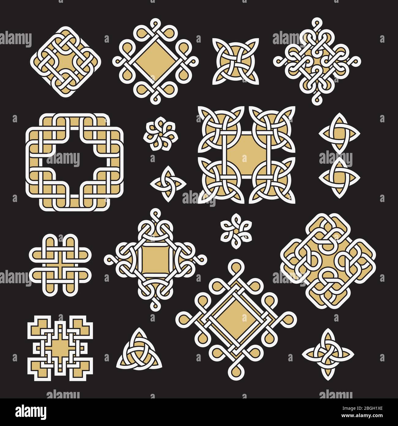 Chinese and celtic endless knots and patterns vector set. Black, white and gold decorative ornate elements illustration Stock Vector