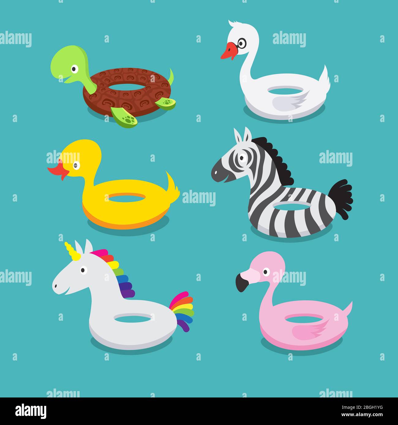 Swimming pool floats, inflatable animals flamingo, duck, unicorn, zebra, turtle, swan rubber toys vector set Stock Vector