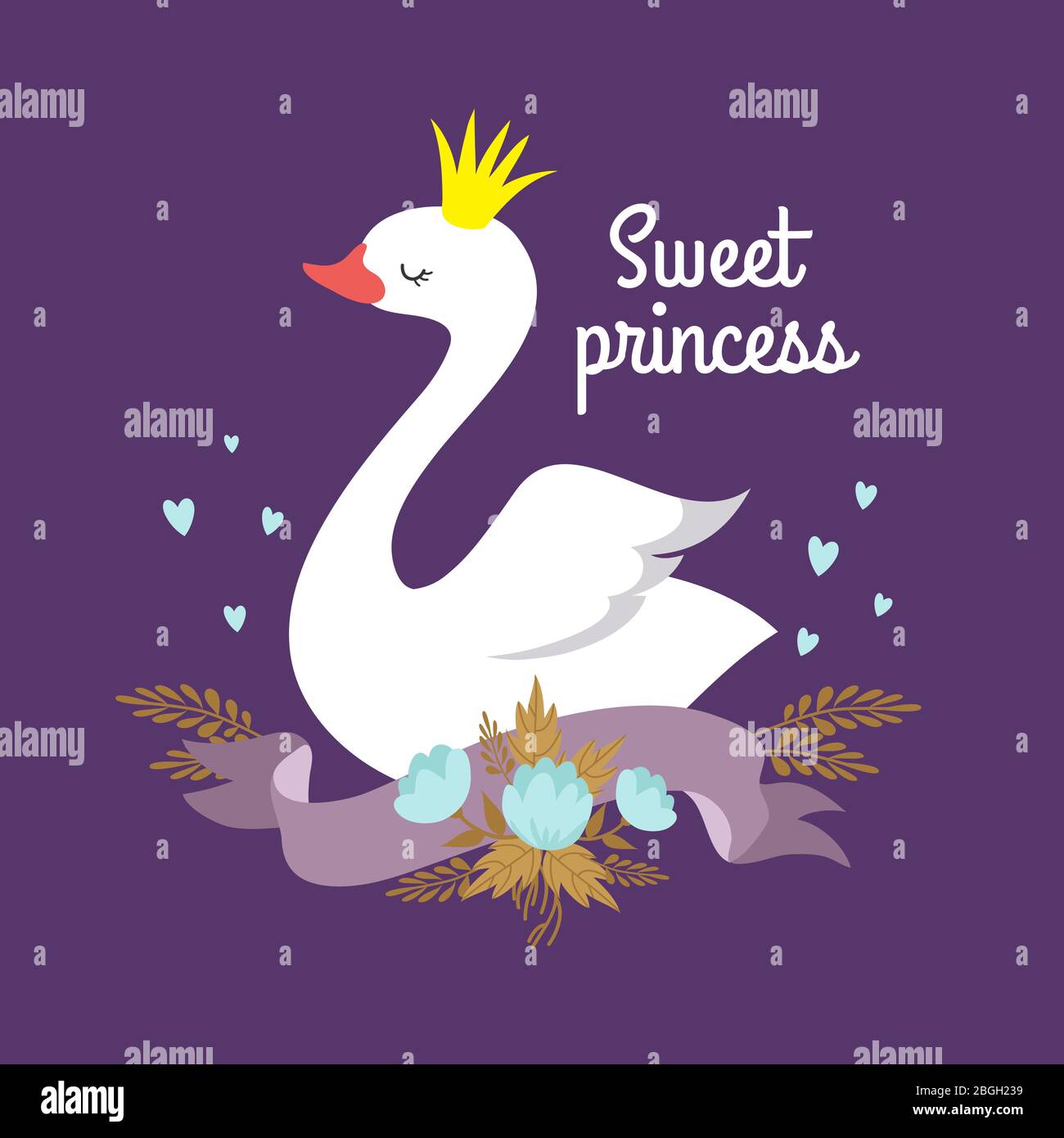 Cute cartoon white baby swan princess vector graphics for poster or girl t-shirt. Illustration of bird, sweet princess card or poster Stock Vector