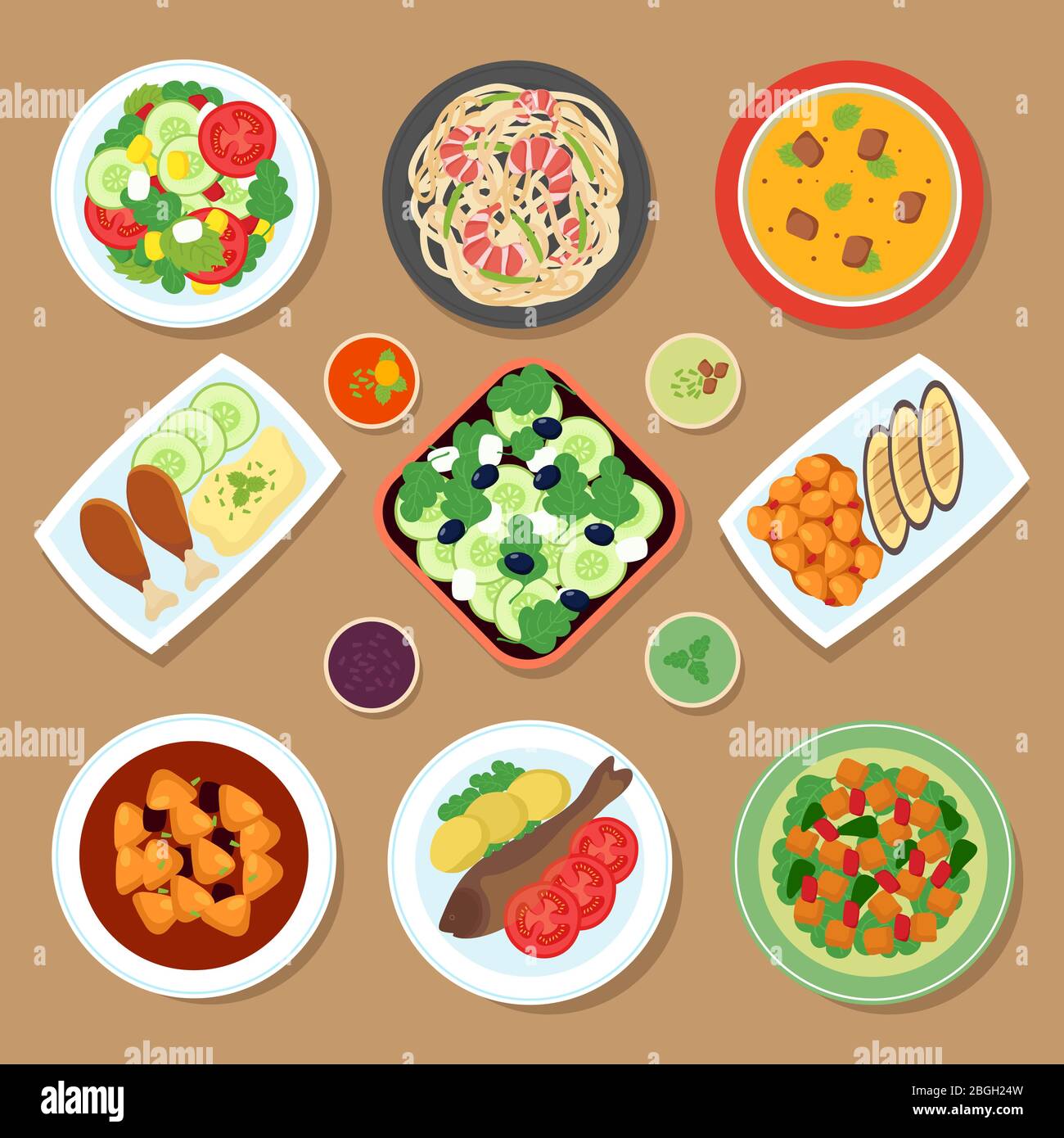 Top view dinner table with european dishes and japanese cuisine meal. Cartoon food vector set isolated. Illustration of menu plate with meal, set of traditional cooking Stock Vector