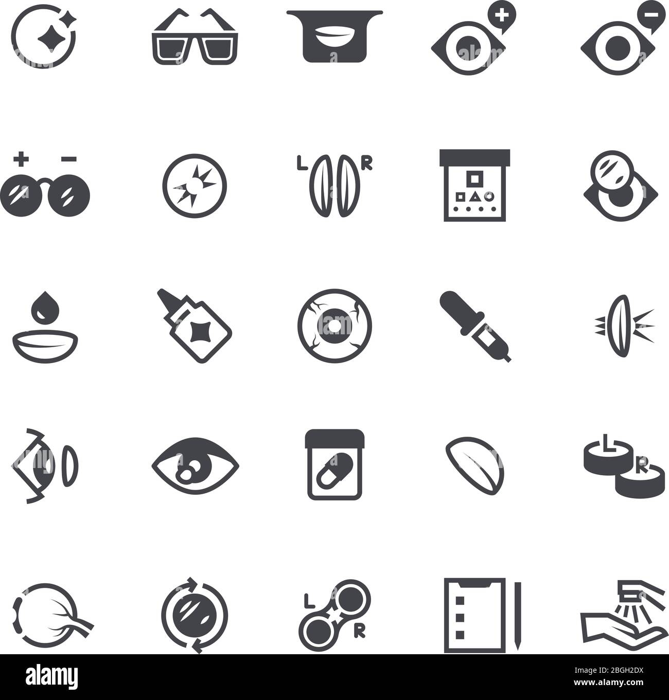 Eye problems, optical contact lens and eyeglasses icons. Eyeball laser