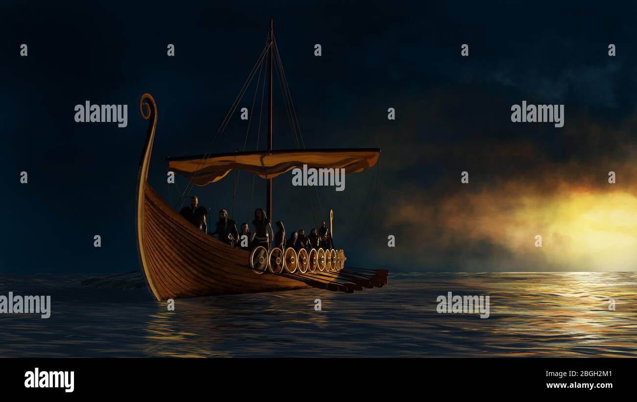 Viking ship on the calm sea under the gold sunshine. 3D render and digital painting illustration. Stock Photo