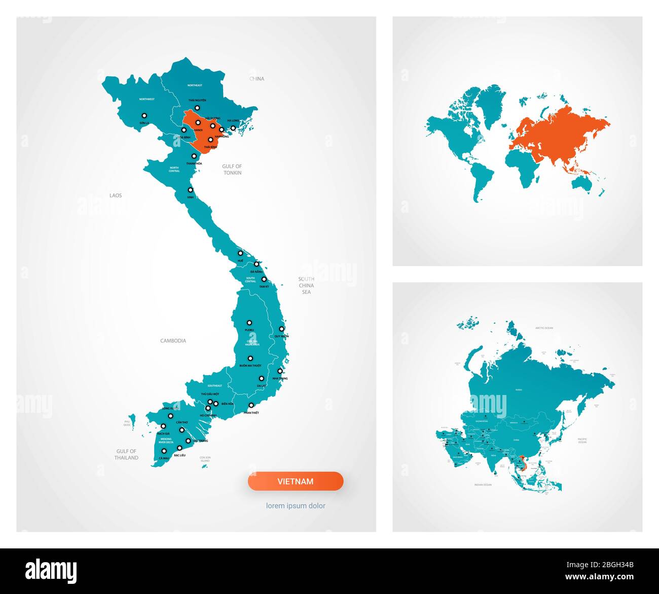 Editable template of map of Vietnam with marks. Vietnam on world map and on Asia map Stock