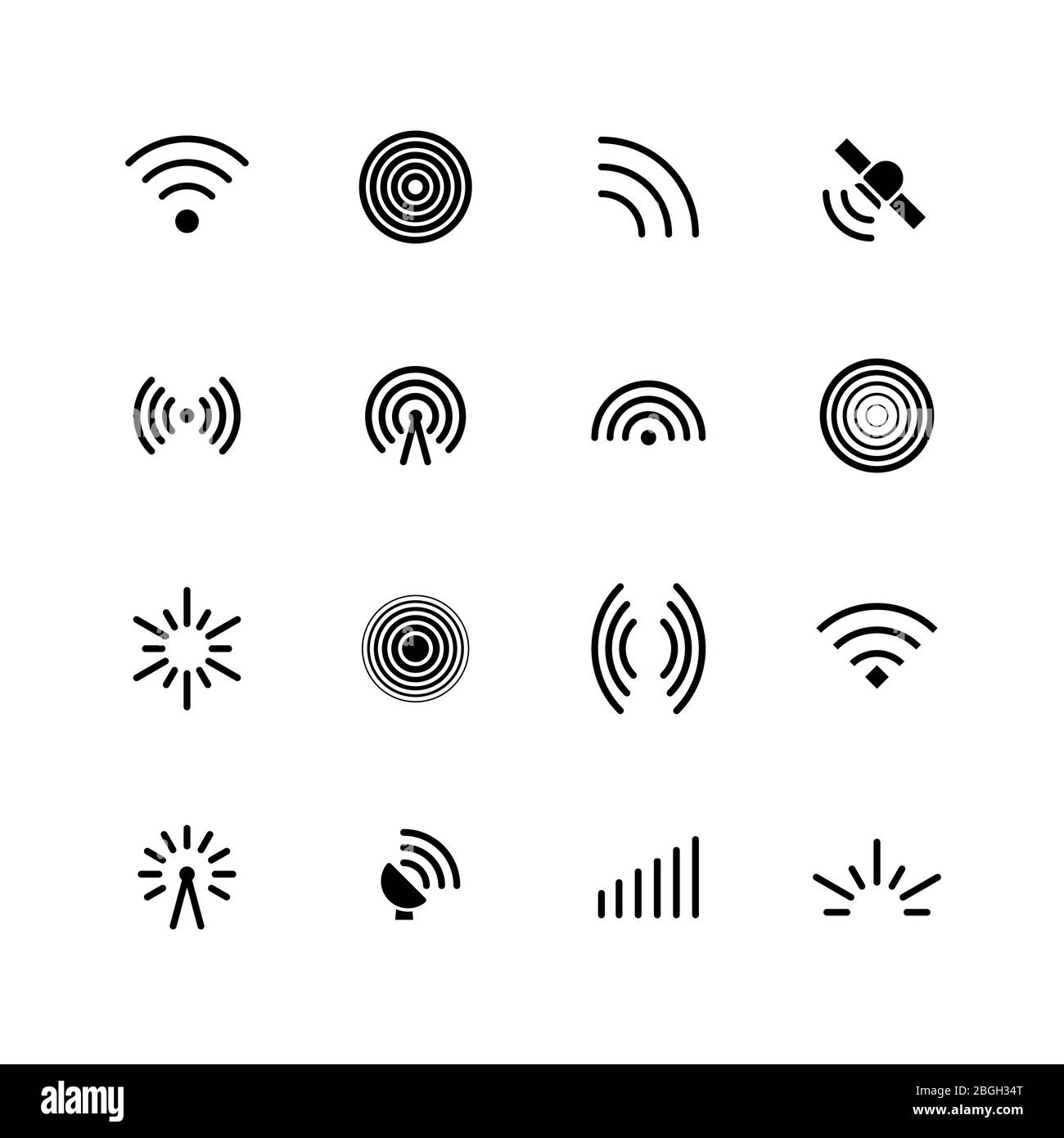 Wireless wifi and radio signals icons. Antenna, mobile signal and wave vector symbols isolated. Radio antenna and wireless network illustration Stock Vector