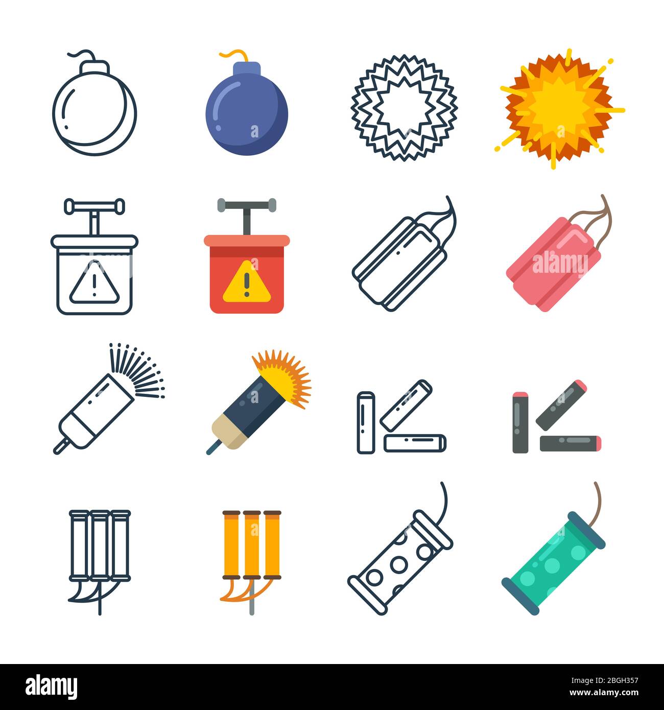 Dynamite, fireworks, pyrotechnic vector icons colored of set. Vector illustration Stock Vector