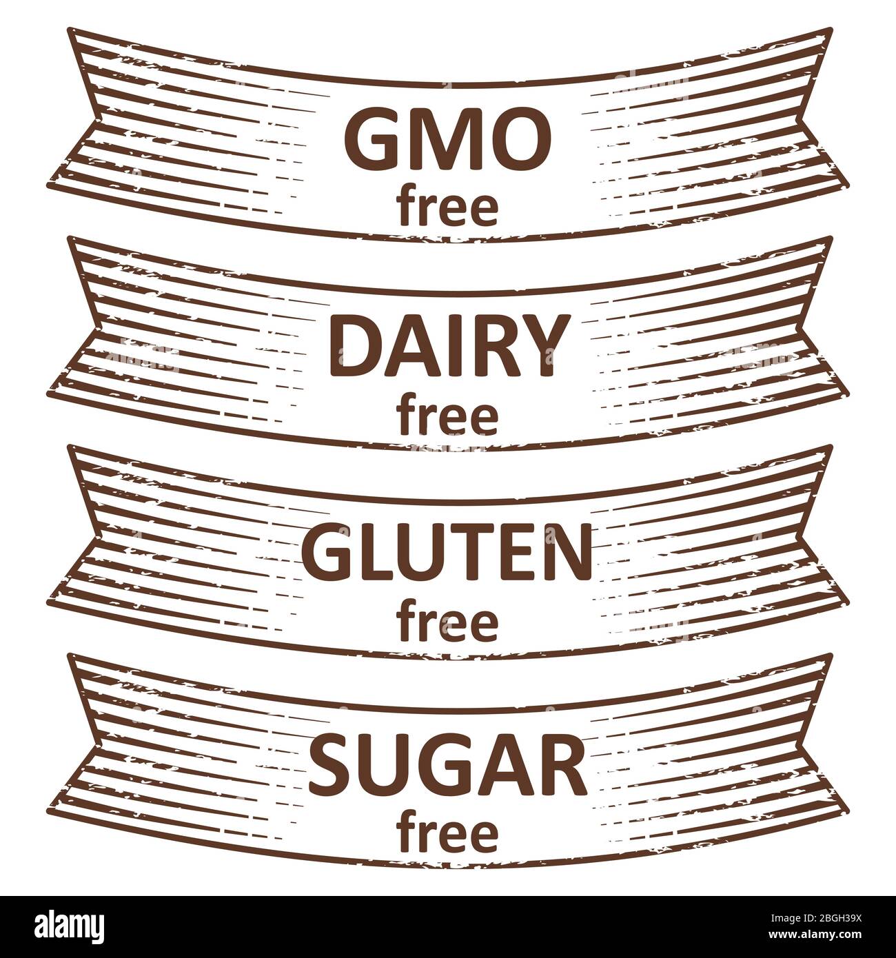 Hand drawn gluten free, sugar free, dairy free, gmo free banners ribbon design. Vector illustration Stock Vector