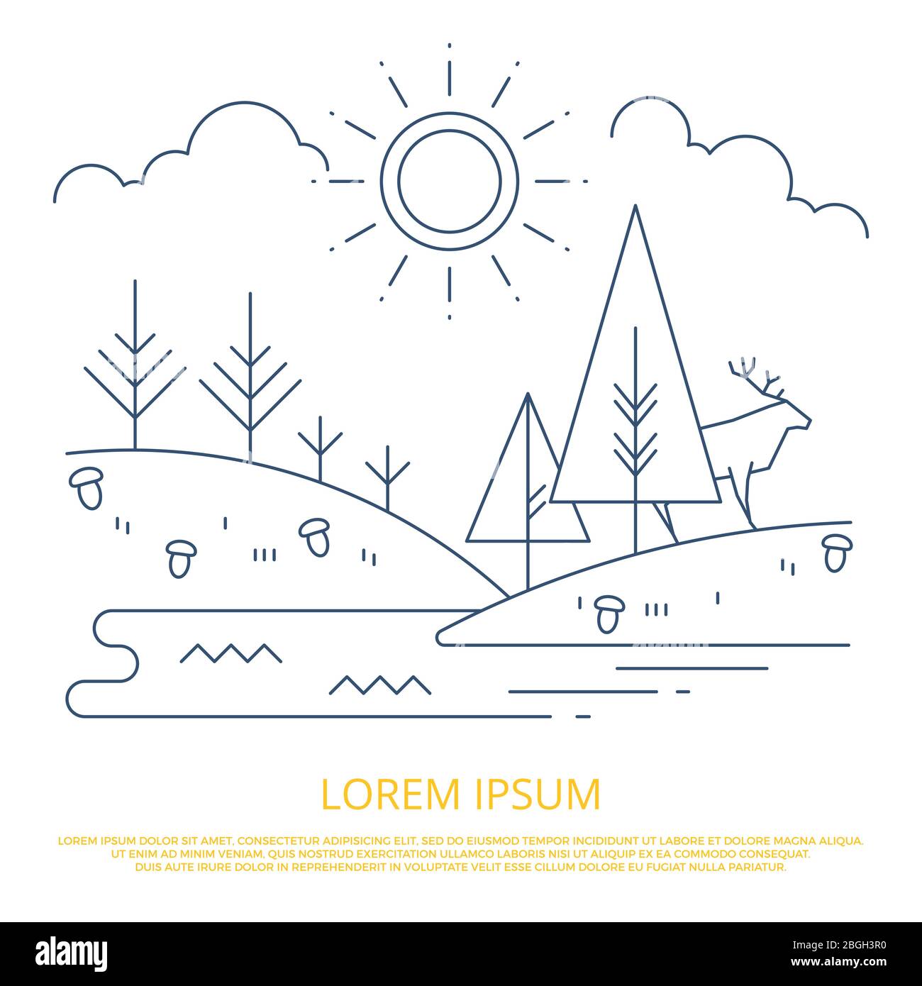 Summer forest landscape outline design - nature line background. Vector