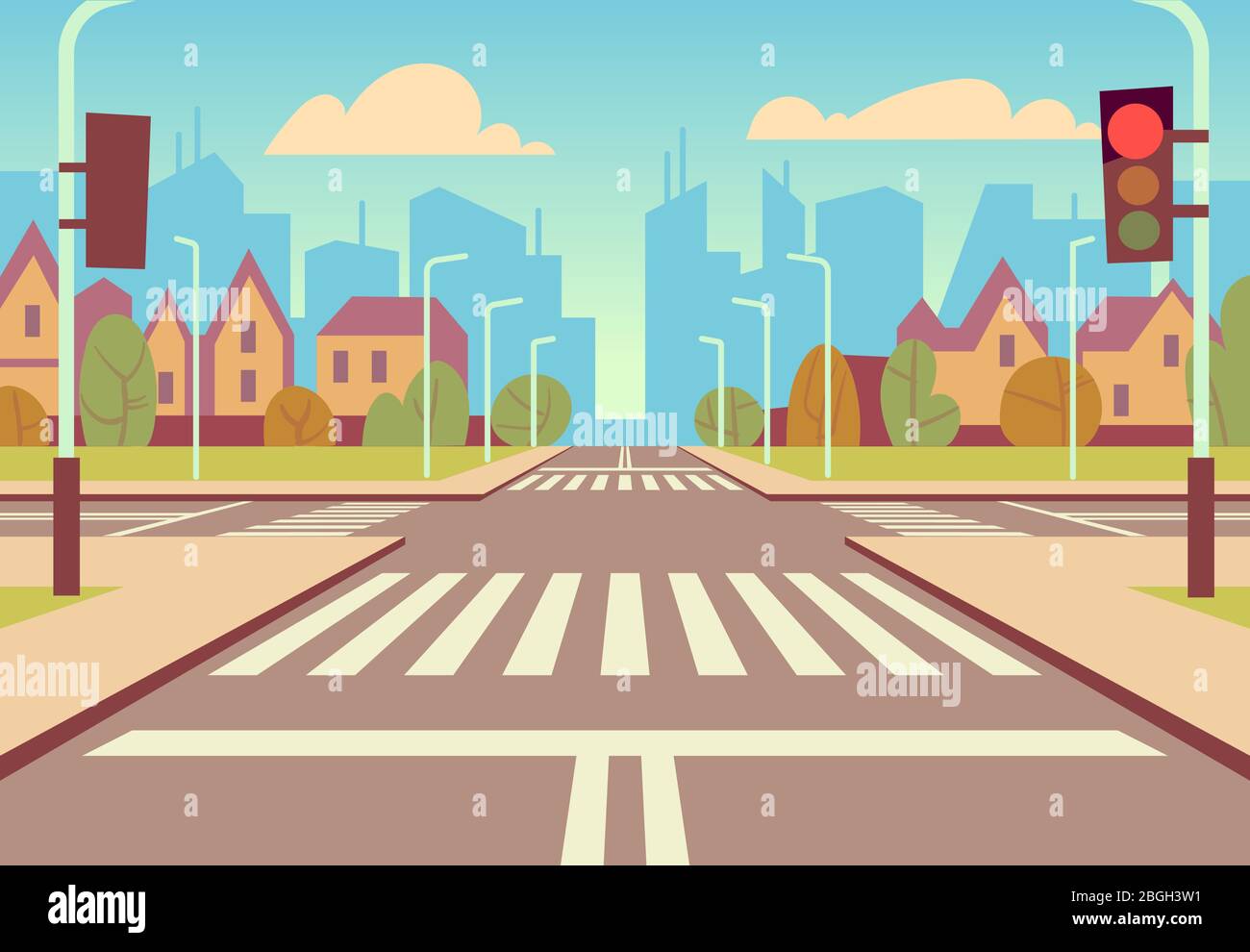 Cartoon city crossroads with traffic lights, sidewalk, crosswalk and urban landscape. Empty roads for car traffic vector illustration. Urban road city with crosswalk and sidewalk Stock Vector