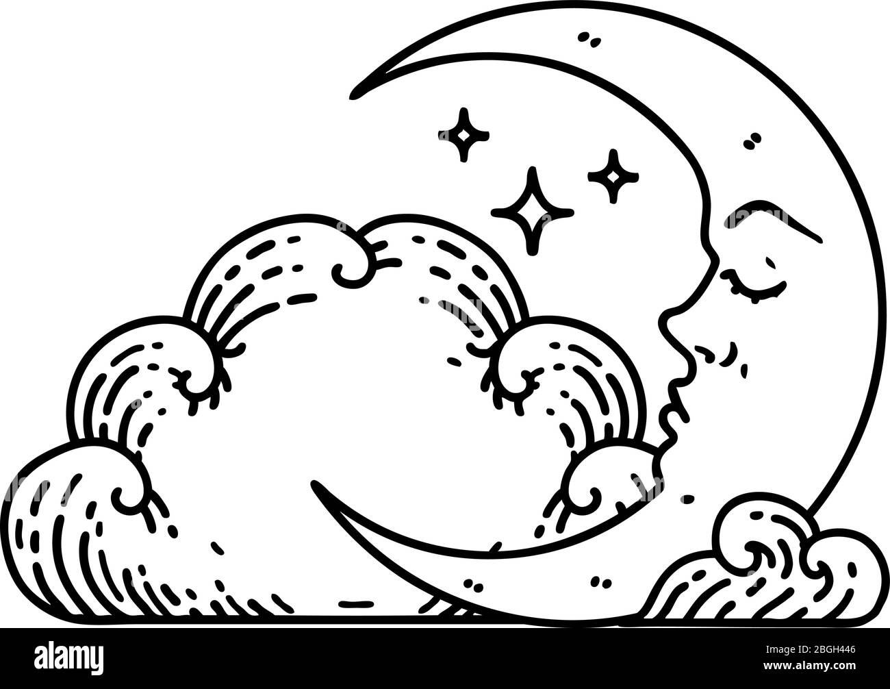 tattoo in black line style of a crescent moon and clouds Stock Vector