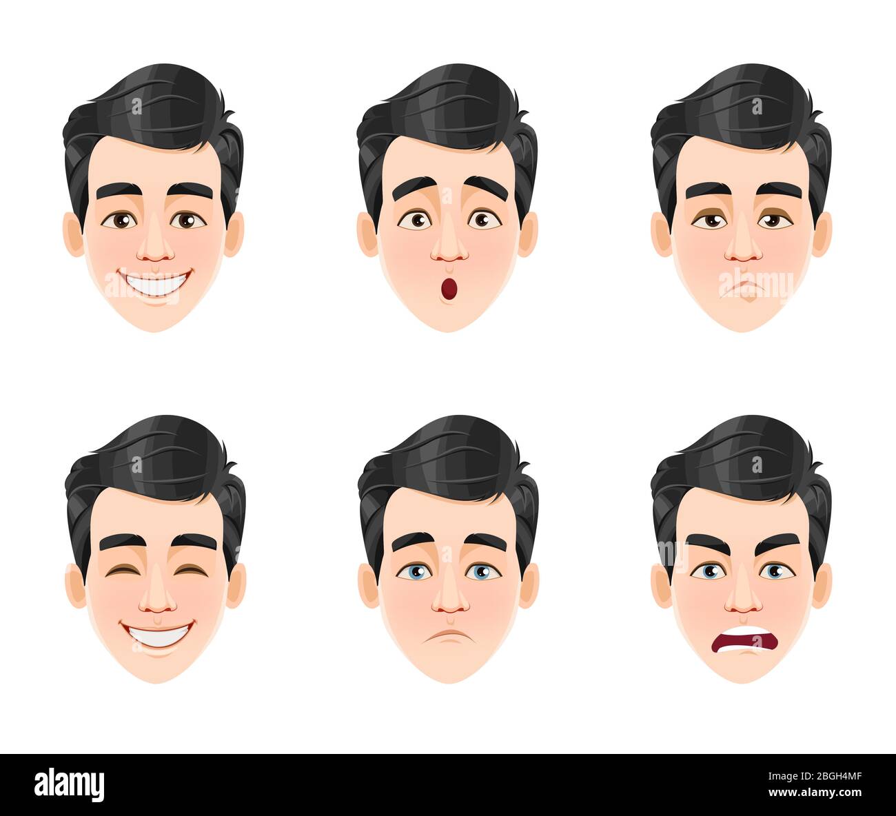 Face expressions of handsome man with dark hair. Six different male emotions, set. Young guy cartoon character. Vector illustration isolated on white Stock Vector