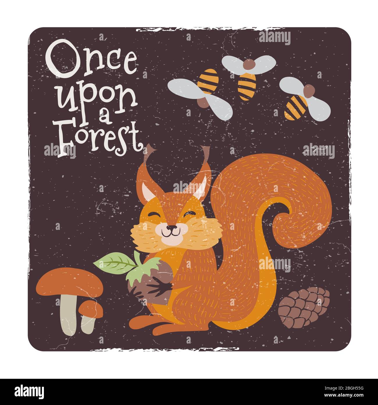 Once upon a forest vintage card design. Cute squirrel with nut and mushrooms and bee. Vector illustration Stock Vector