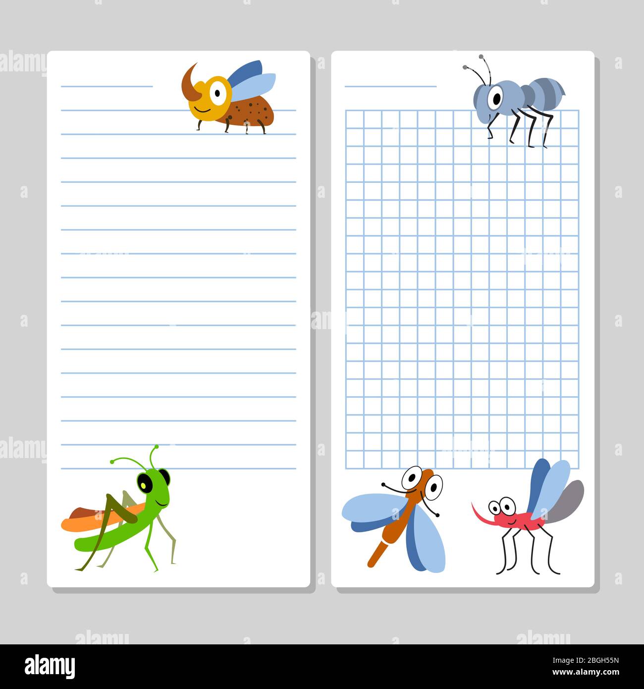 Lined notebook pages template with cartoon insects isolated. Vector illustration Stock Vector