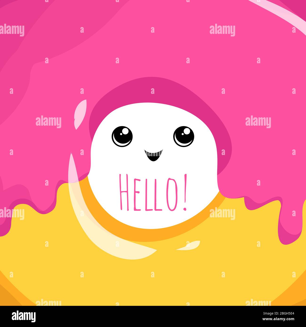 Cute hello card with glazed donut and cartoon eyes. Vector illustration Stock Vector
