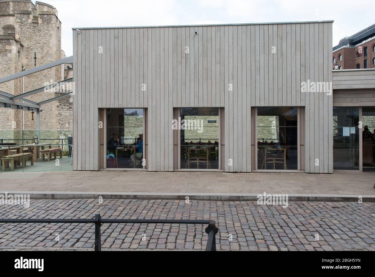 Cafe Restaurant Tower Wharf Cafe Untreated Sweet Chestnut Cladding Tower of London St Katharine's & Wapping, London EC3N by Tony Fretton Architects Stock Photo