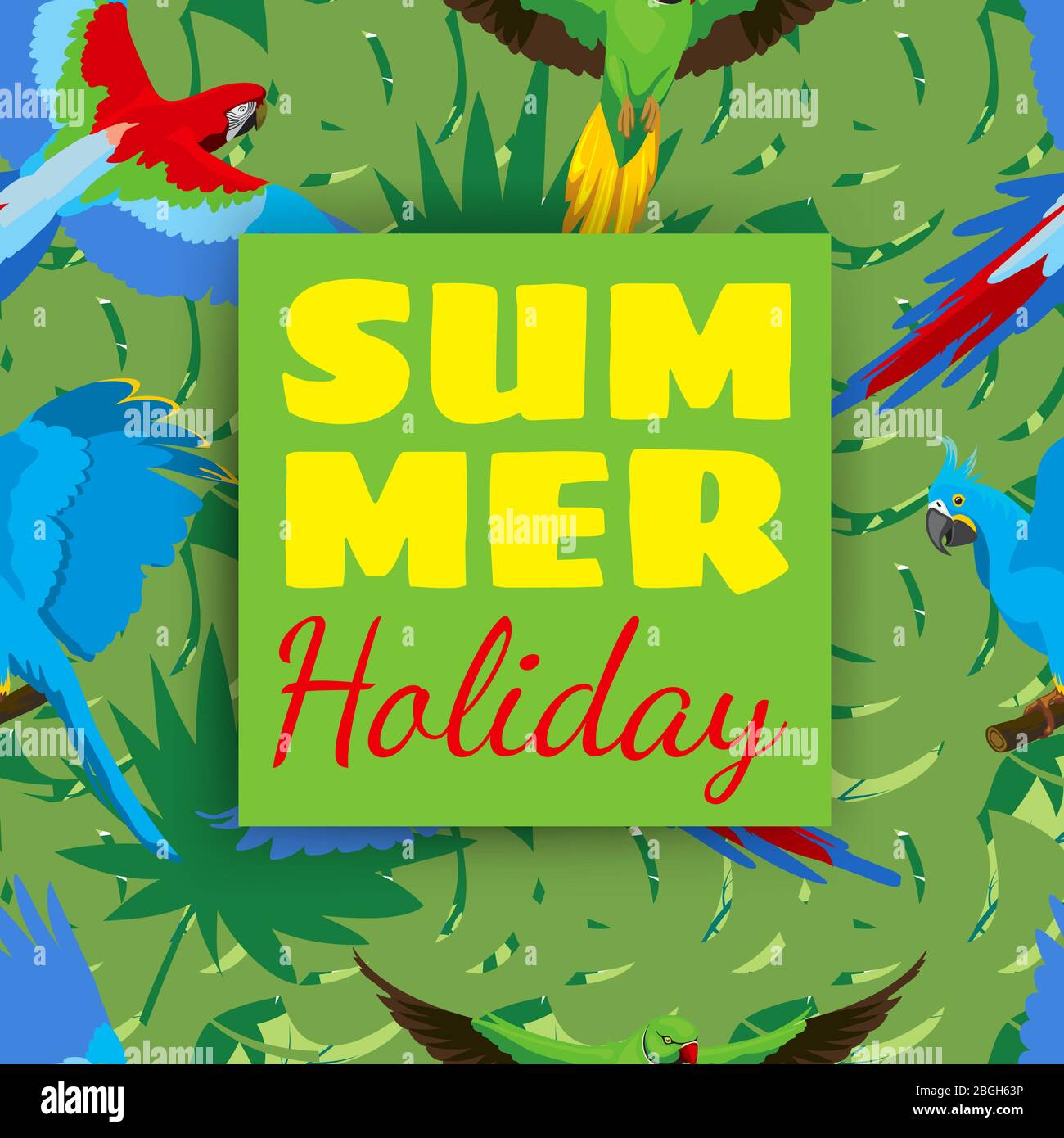 Summer holiday cards with tropical plants and parrots. Parrot seamless pattern. Holiday summertime banner, tropical jungle palm poster. Vector illustration Stock Vector