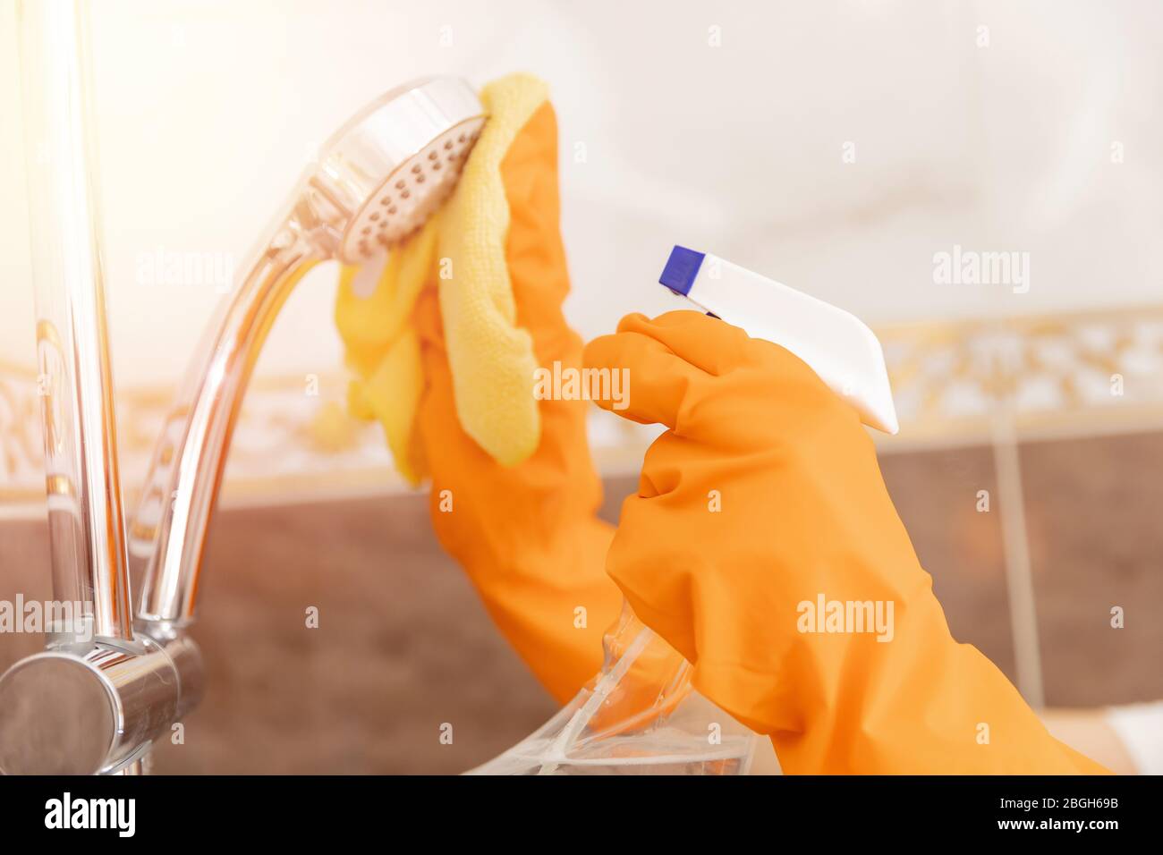 Cleaning tap from limescale bathroom sink closeup Stock Photo Alamy