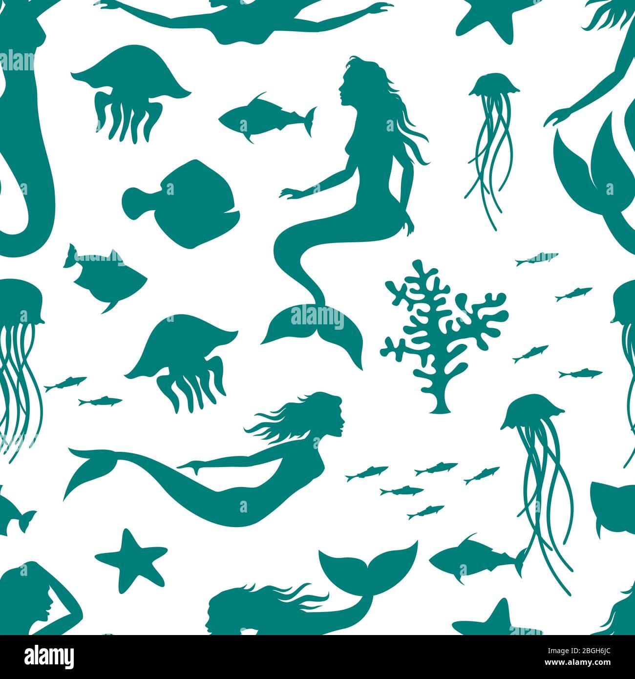 Underwater world seamless background pattern. Mermaid and fishes seamless texture. Vector illustration Stock Vector