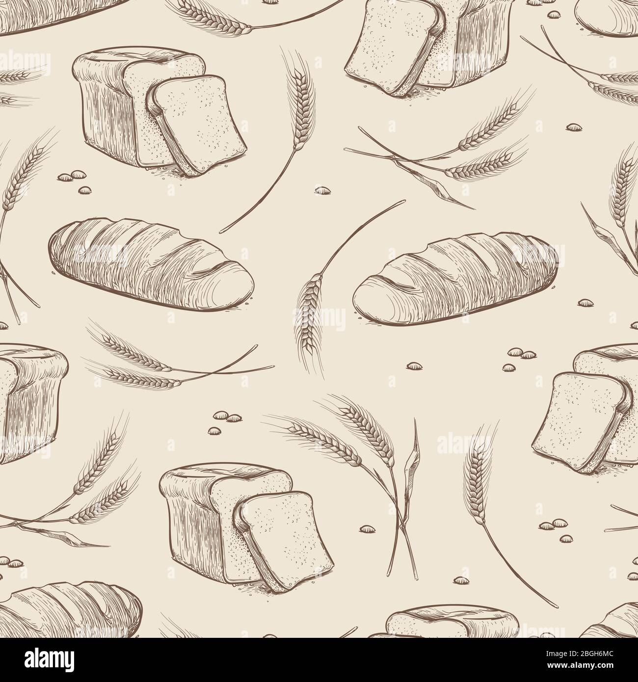 Hand drawn wheat and bread seamless pattern. Vector bakery texture design illustration Stock Vector