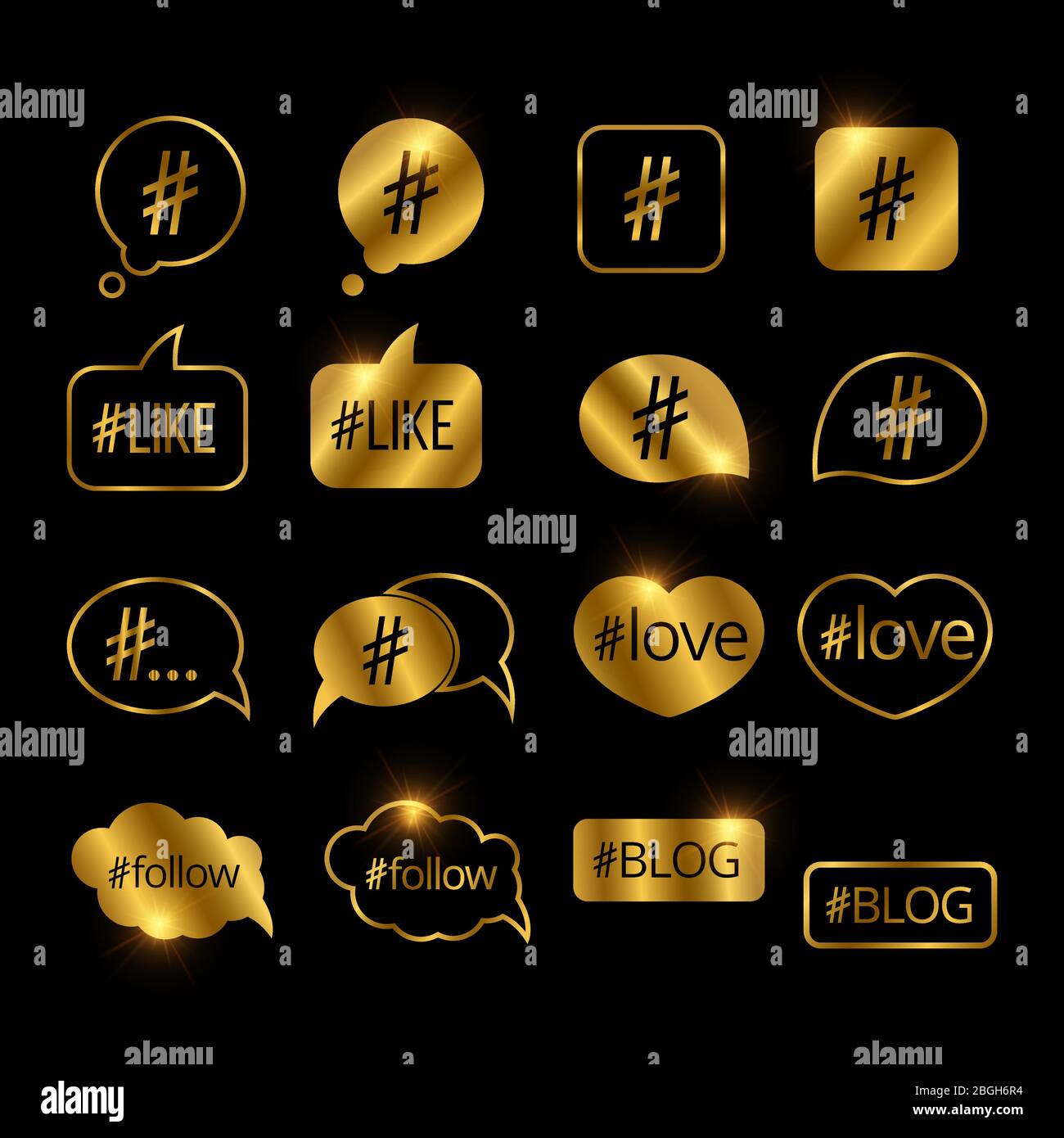 Golden hashtag post social media vector icons set on black background ...