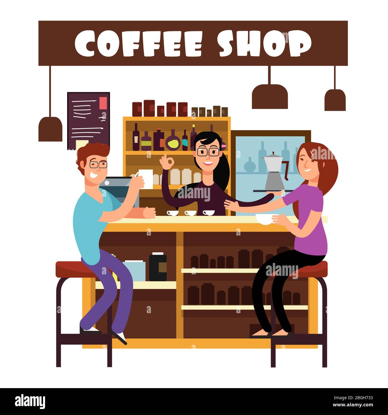 Woman and man meeting in coffee shop bar counter vector illustration Stock Vector