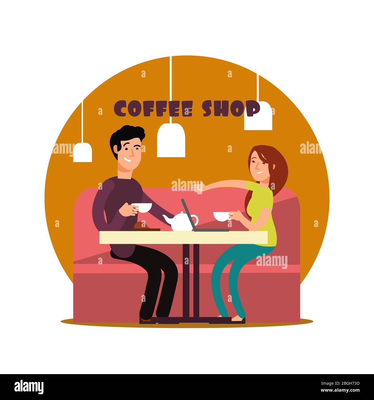 Happy young couple working in coffee shop. Freelancers drinking tea with notebook in cafe vector illustration Stock Vector