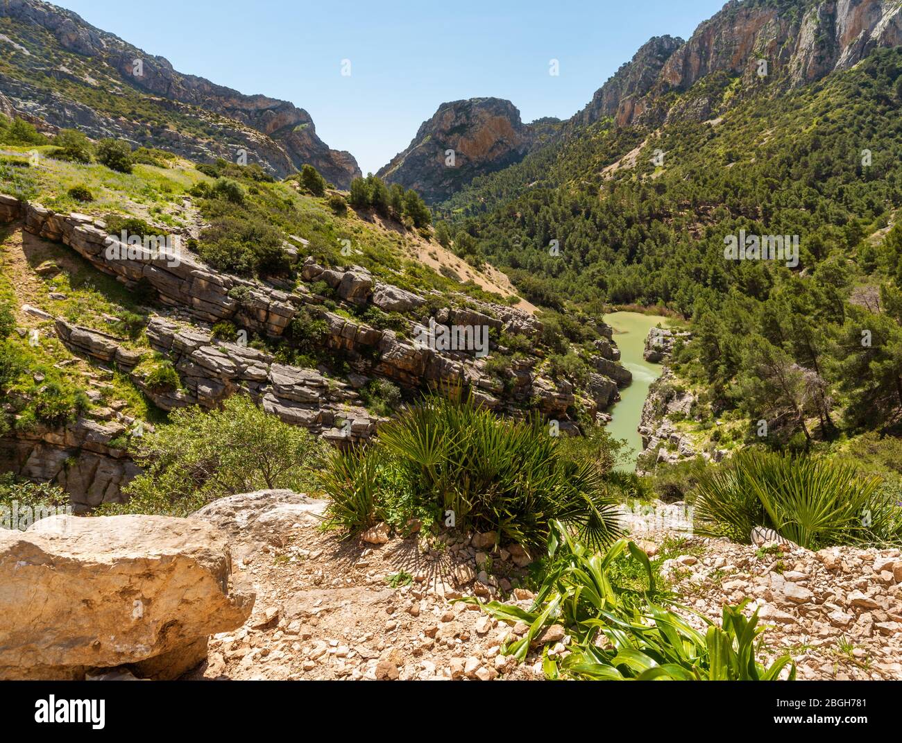 April 17, 2018 - El Chorro, Spain. River Guadalhorce is flowing through the Desfiladero de los Gaitanes Gorge, and next to the famous Caminito del Rey Stock Photo