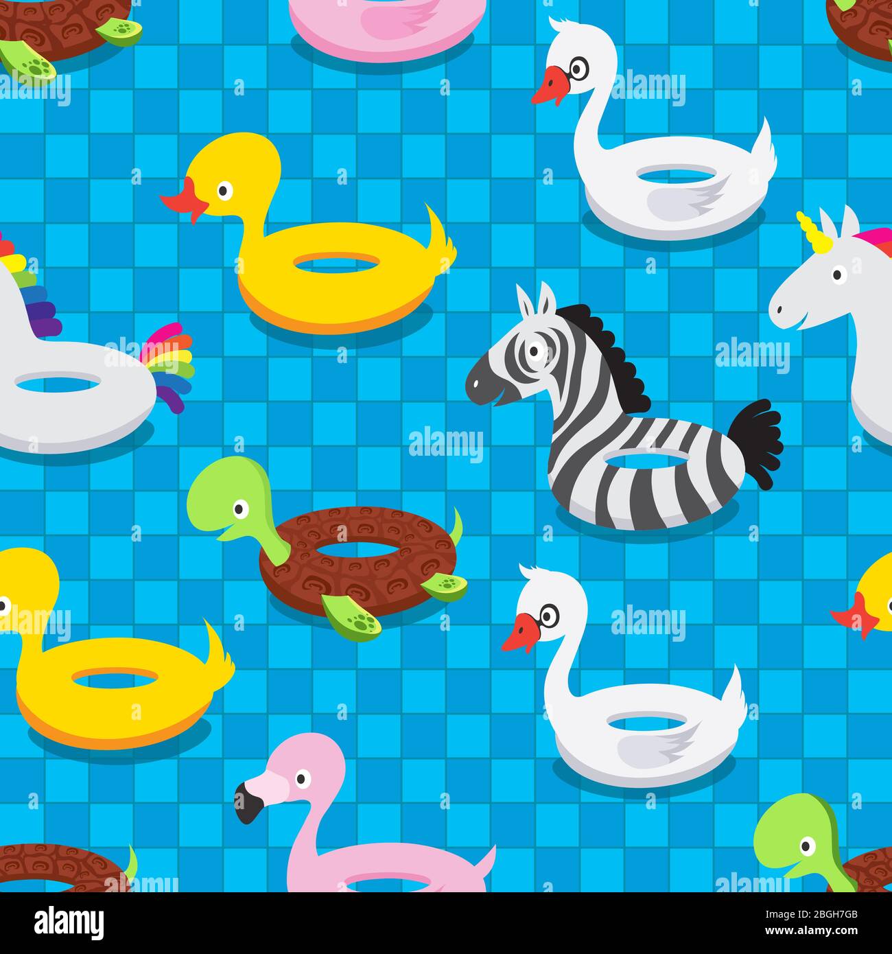 Inflatable animal rubber toys in swimming pool. Swim float rings summer