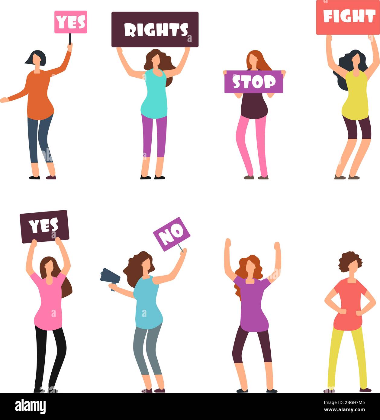 Cartoon women protesters, feminism, womens rights and protest vector concept. Female international rights, freedom woman illustration Stock Vector