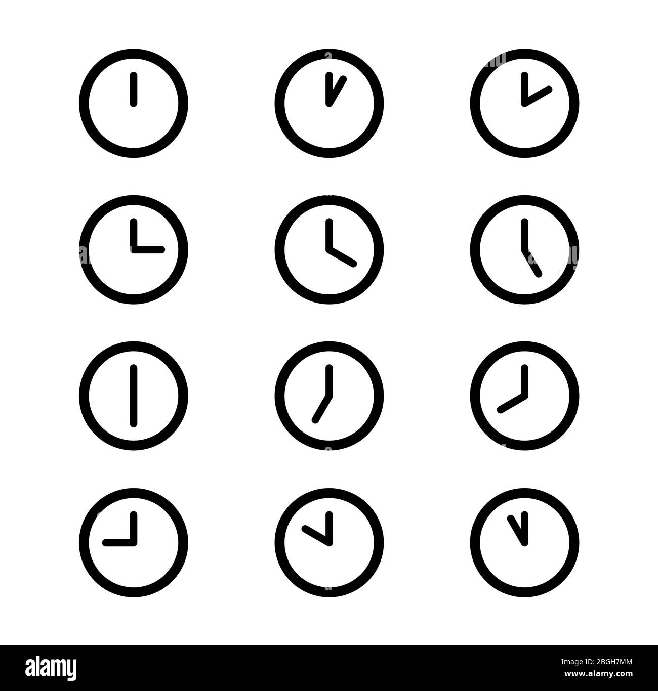 Set of 12 clock icons showing all the hours on the dials. Black and white color. Stock Photo