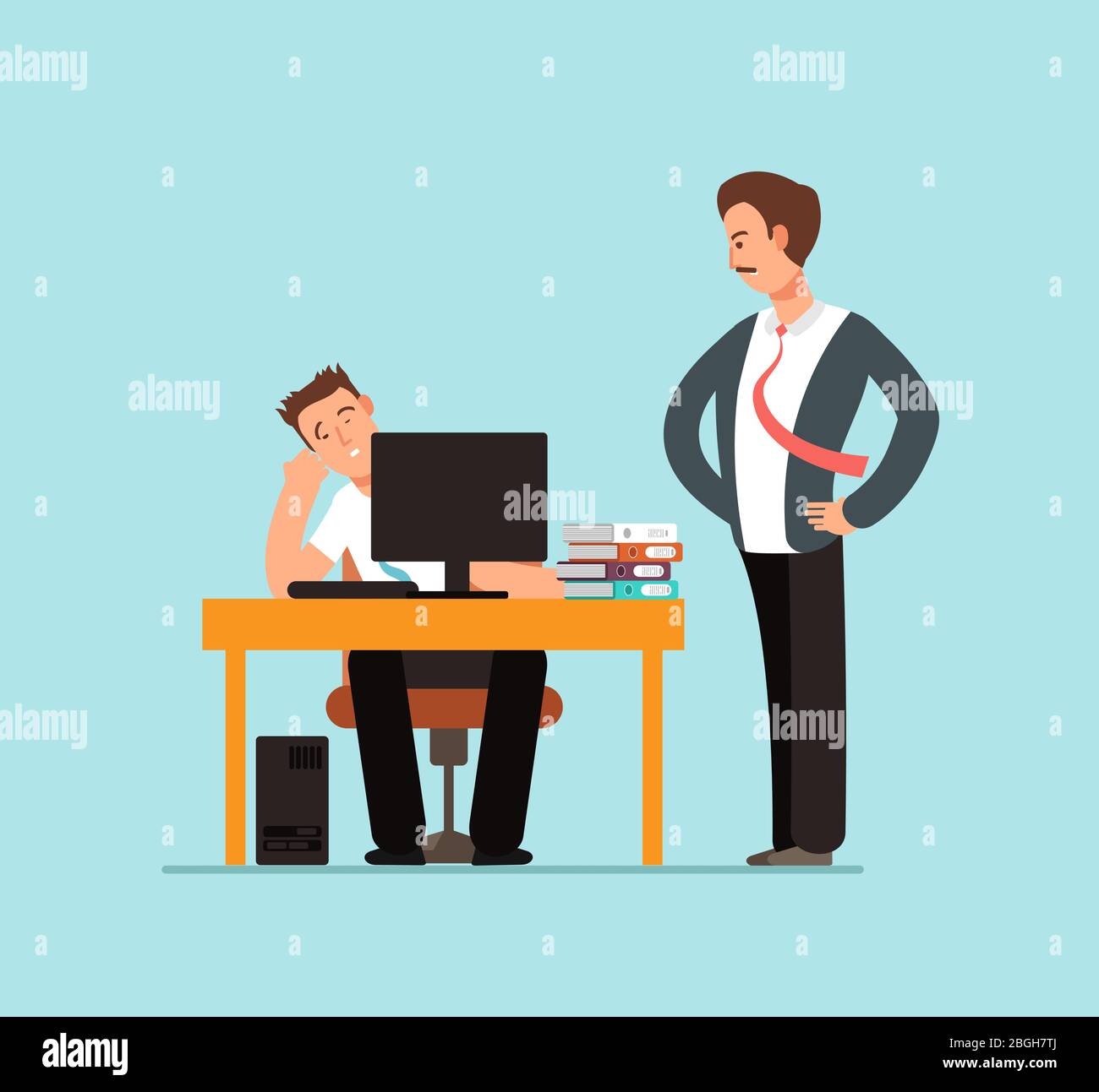 Bored lazy worker at desk behind computer and angry boss in office vector illustration. Lazy character in office, worker at computer and boss Stock Vector