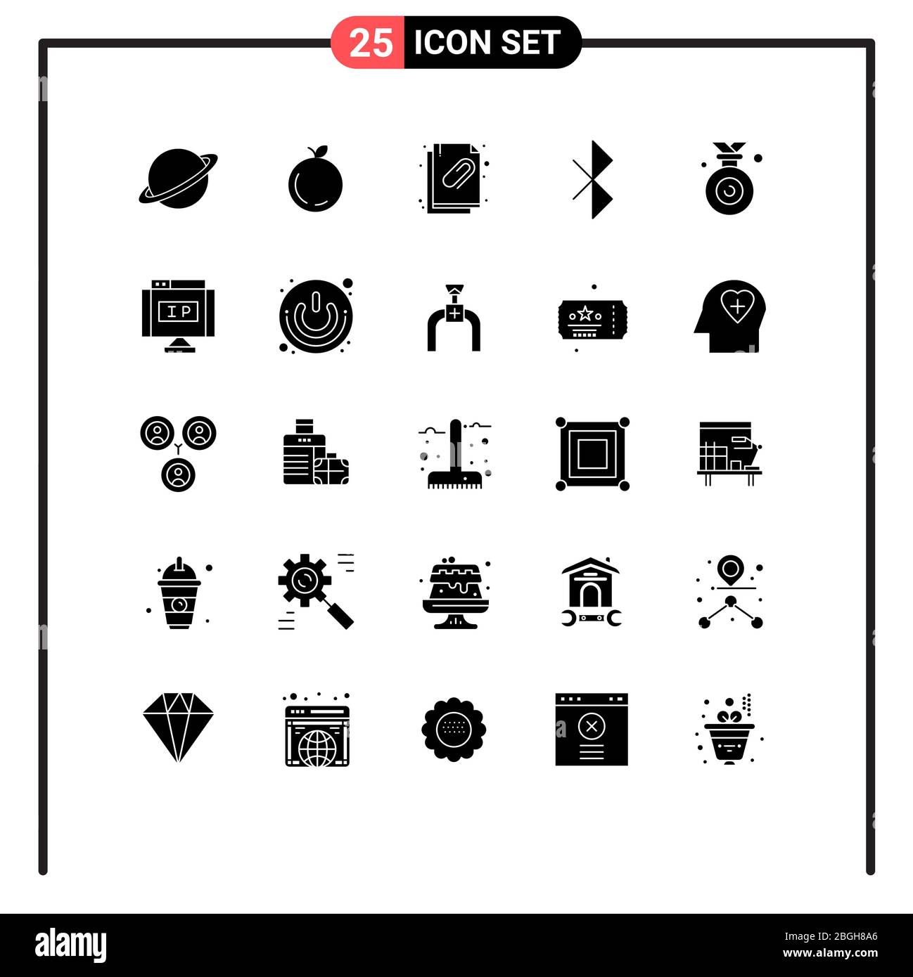 Set of 25 Vector Solid Glyphs on Grid for winner, medal, attached document, signal, bluetooth Editable Vector Design Elements Stock Vector