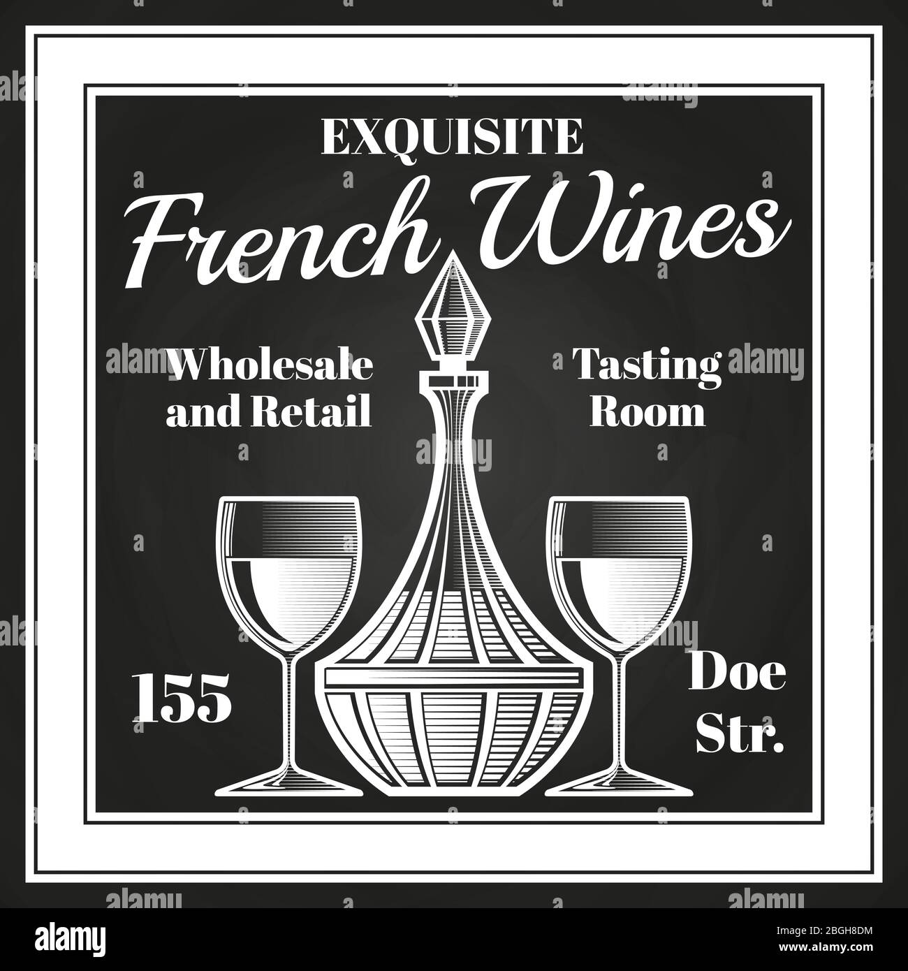Engraving style wine label vector design. Chalkboard sketch of decanter and wine glasses. Tasting room and exquisite drink in decanter illustration Stock Vector