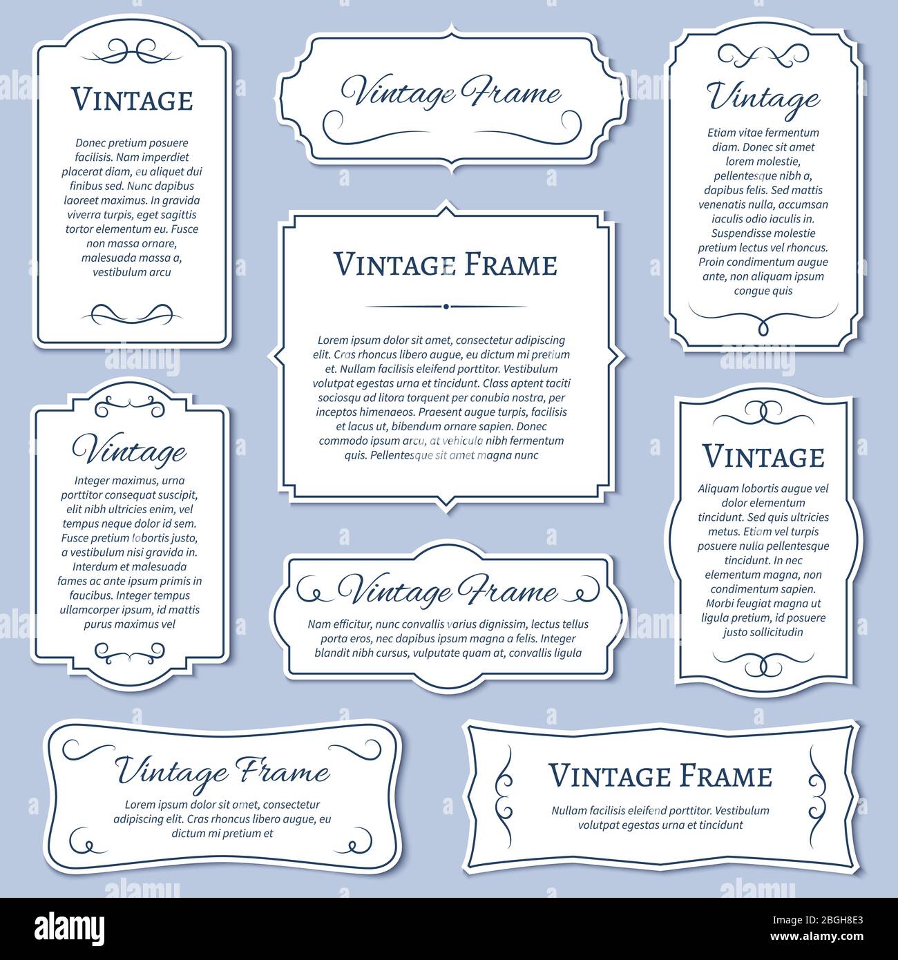 Vintage frame labels with calligraphic text dividers vector set. Banner or poster border classic for invitation or menu illustration Stock Vector