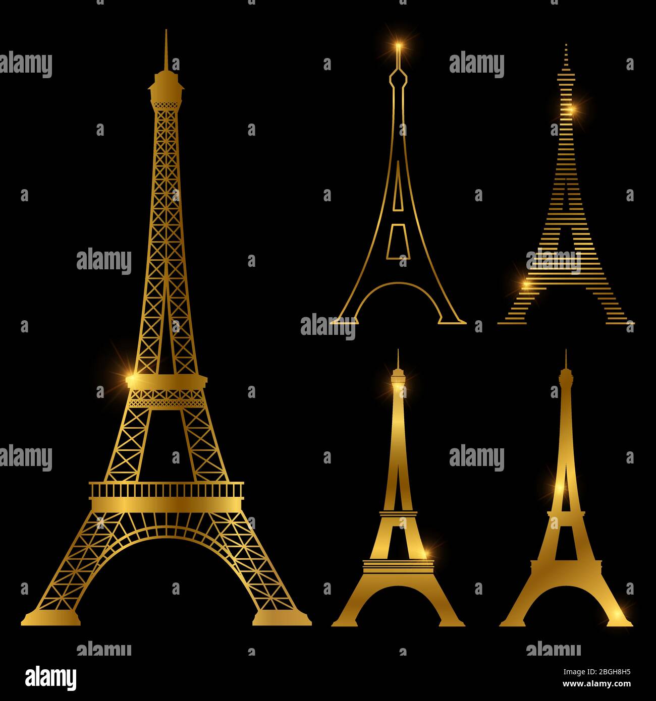 Different golden eiffel tower vector landmark set. Paris symbol icons. France symbol monument in gold style illustration Stock Vector