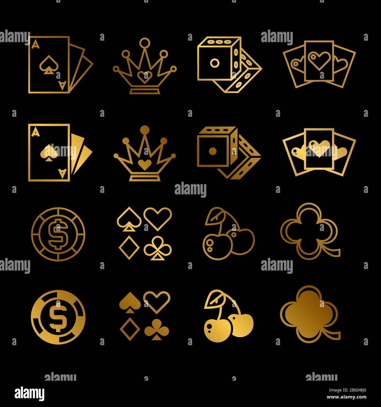 Golden casino, gambling, poker line and silhouette vector icons of set isolated illustration Stock Vector