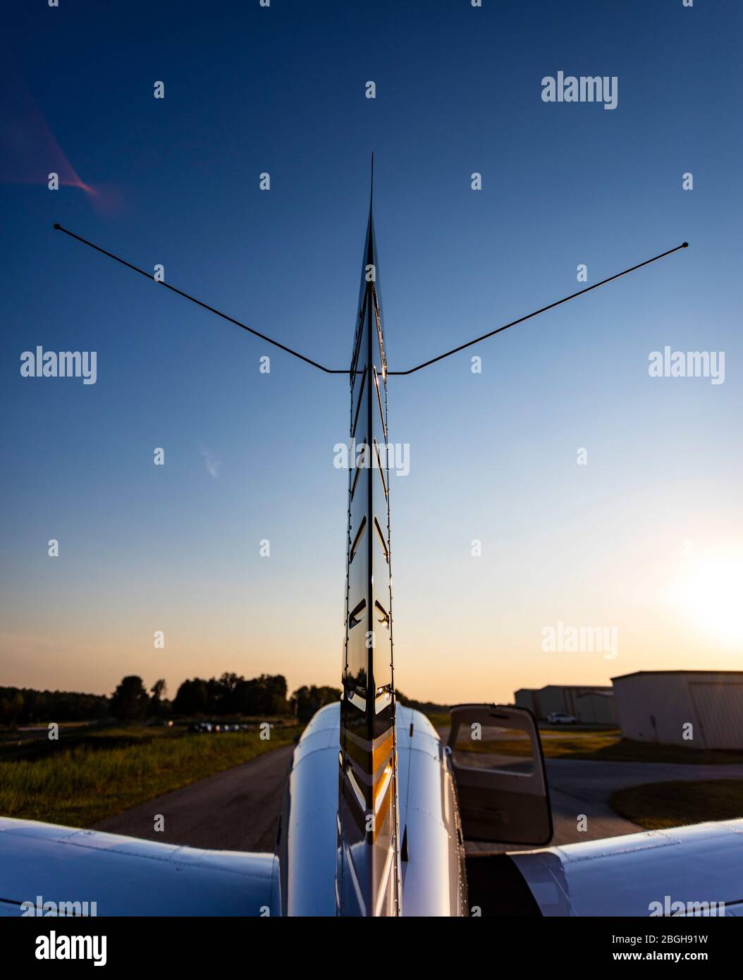 Radio antenna mounted on the vertical stabilizer of a general aviation