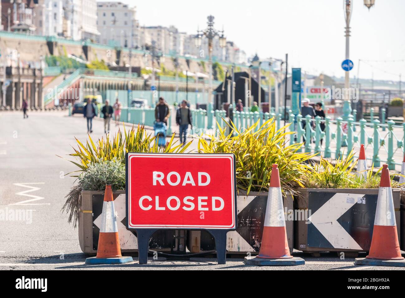 Brighton UK, 20th April 2020: Brighton and Hove City Council this morning closed off Madeira Drive on the seafront to create more space for people to Stock Photo