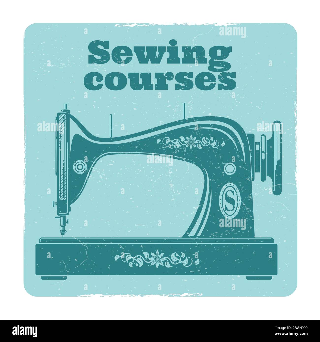 Sewing courses grunge vector label. Vintage sewing machine design. Vector illustration Stock Vector
