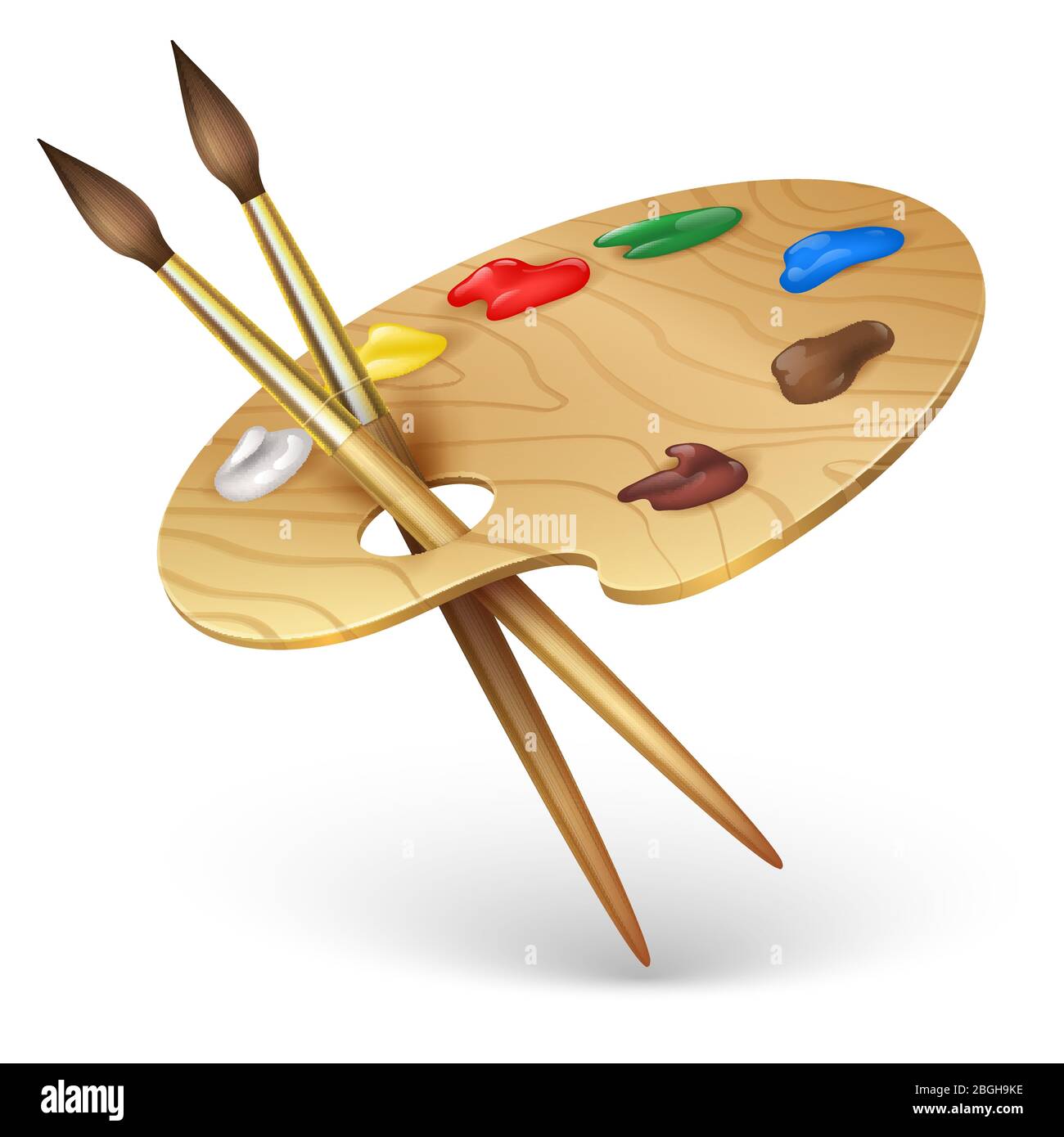 Wooden artist palette with paint brushes vector illustration isolated