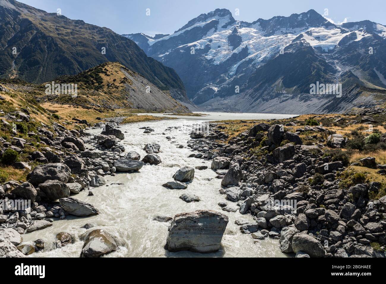 View towards Mueller Lake and Mount Sefton from the Hooker Valley Track, Mount Cook National Park, South Island, New Zealand Stock Photo