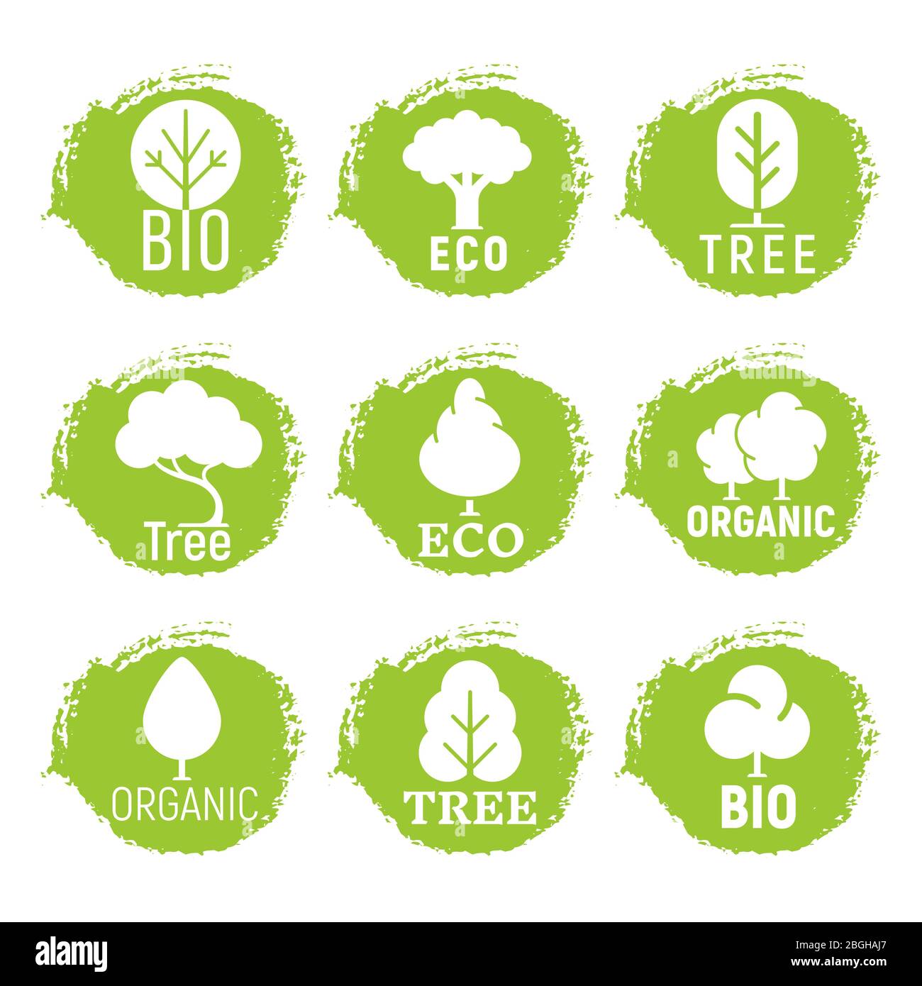Eco friendly, organic, tree logos on green grunge background. Vector nature ecology symbol of set illustration Stock Vector