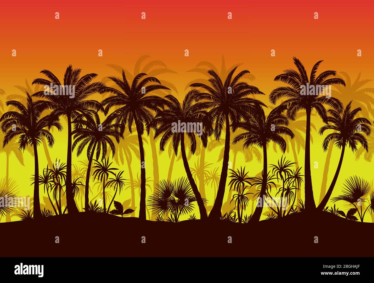 Exotic Horizontal Seamless Landscape, Palm Trees and Tropical Plants Black Silhouettes on Orange and Yellow Background. Vector Stock Vector