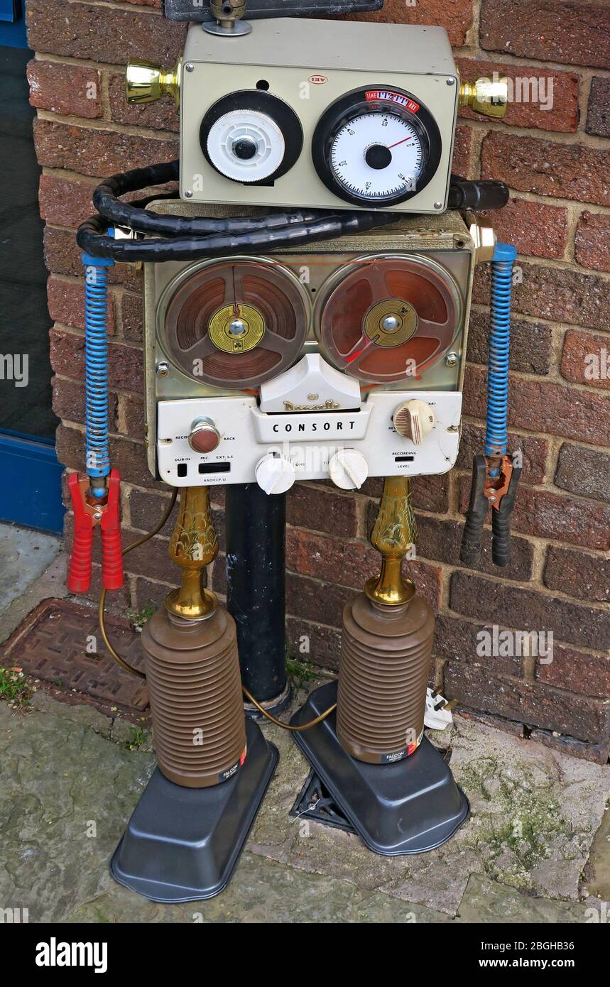 Robot sculpture made from spare parts, the future of machines, made from tape machines and other parts - Robotic art Stock Photo