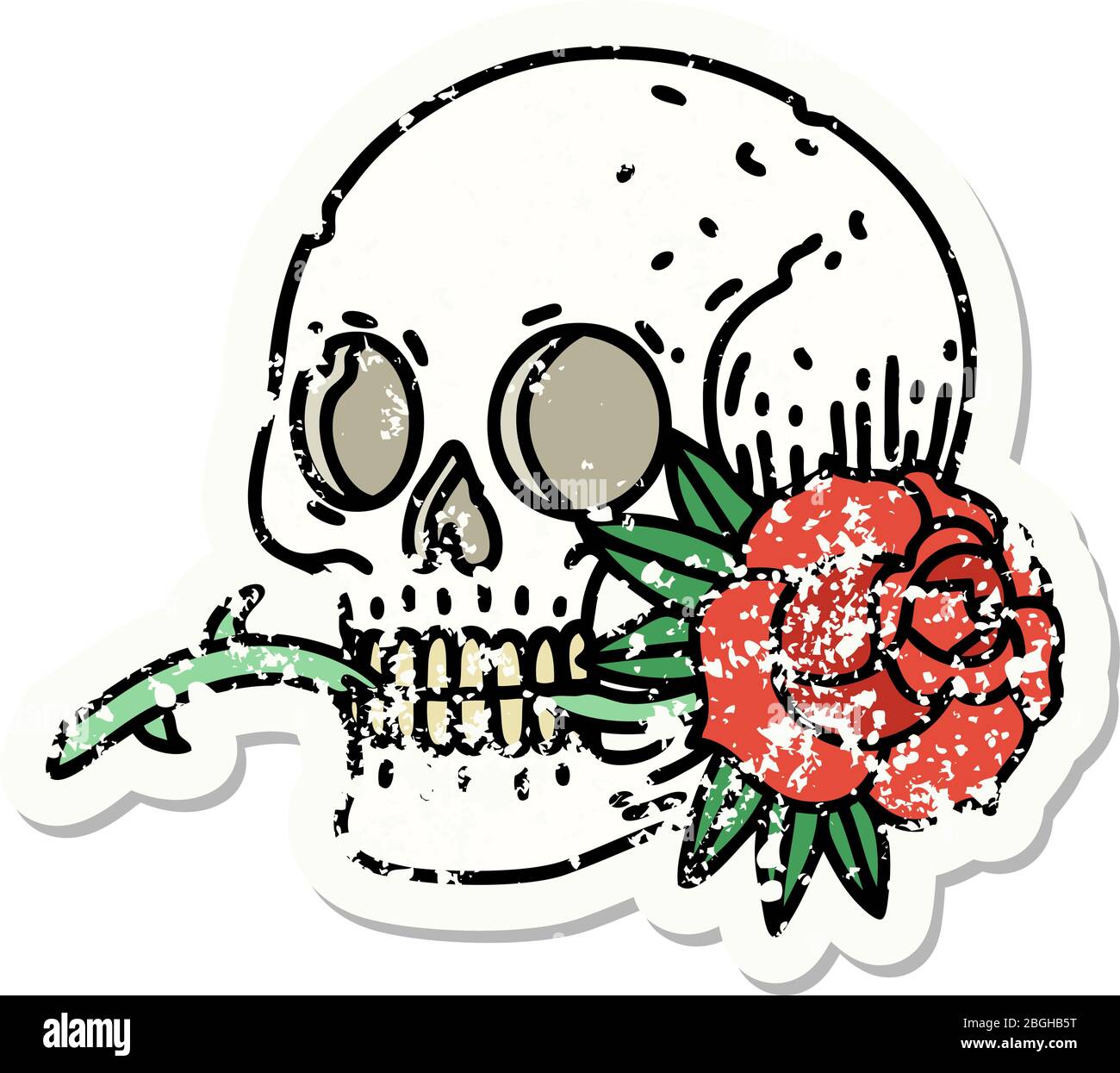 distressed sticker tattoo in traditional style of a skull and rose ...