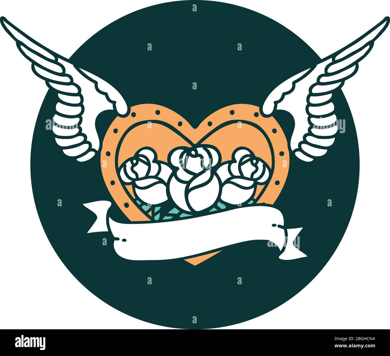 iconic tattoo style image of a flying heart with flowers and banner ...